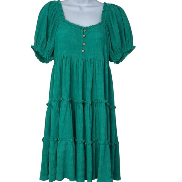 Easel Puff Sleeve Tiered Mini Babydoll Dress Green Small Flowy Romantic Boho NWT - Picture 2 of 13